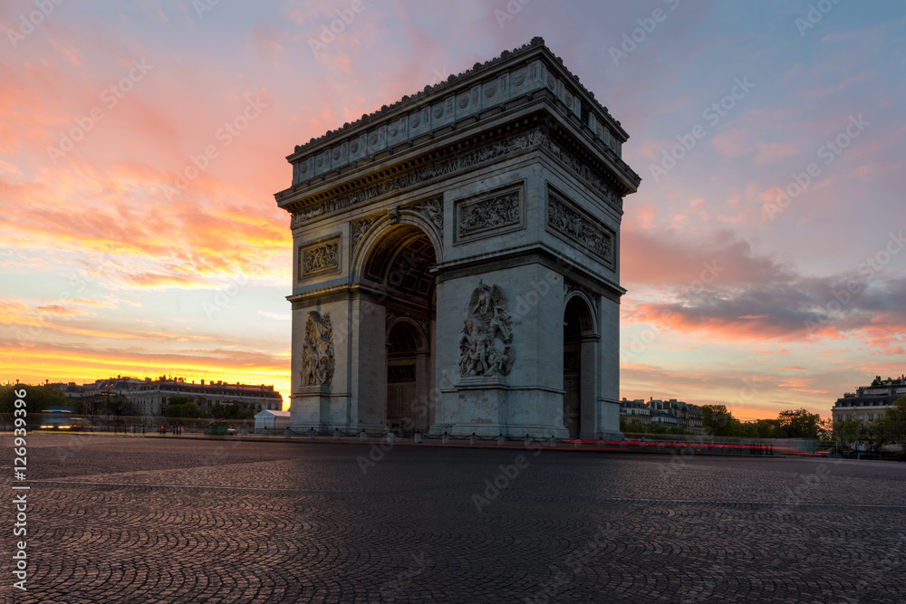 Arc de Triomphe and Champs Elysees, Landmarks in center of Paris.