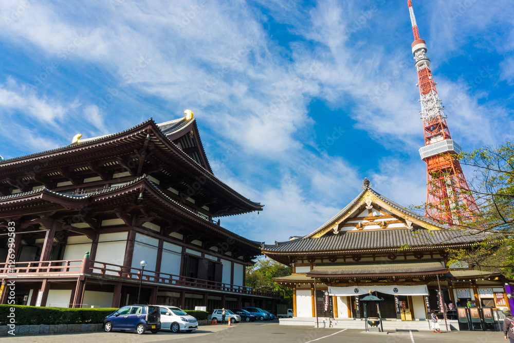 Zojo-ji Temple behide with Tokyo Tower in the Morning