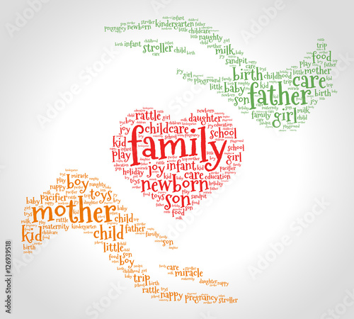 Family. Word cloud, heart between two hands, gradient grey background. Family concept.