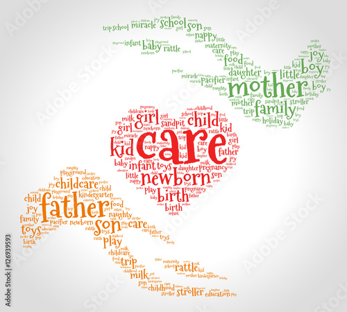 Care. Word cloud, heart between two hands, gradient grey background. Family concept.