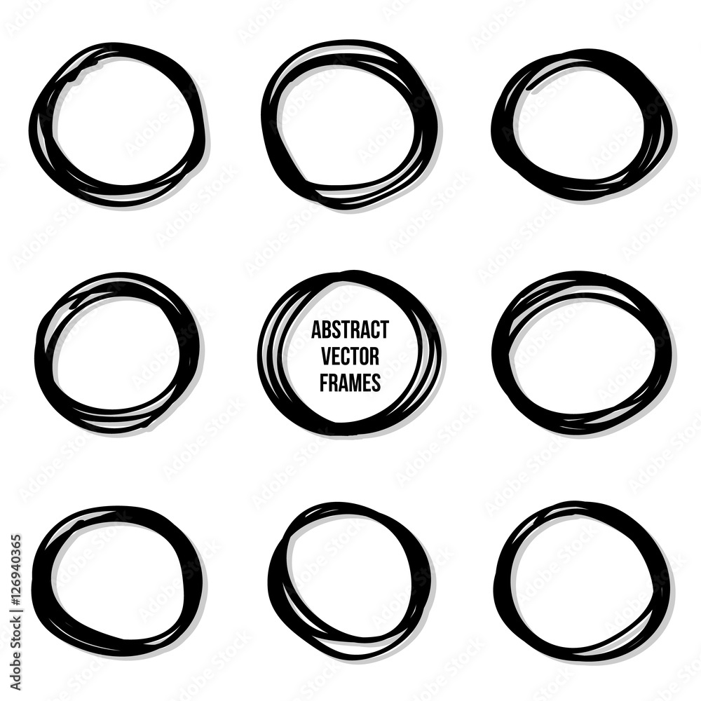 Doodle, abstract scribble round shape design elements set, collection. Hand drawn frames with shadow isolated on white background. Doodle, abstract scribble round shape design elements set, collection. Hand drawn frames with shadow isolated on white background.