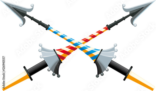 Crossed tournament spear with an iron hilt with bright color strips on white background. 