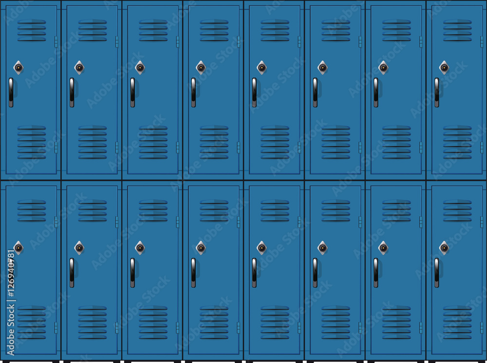 Blue metal cabinets school or gym with black handles and locks  in two row