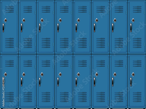 Photo Blue metal cabinets school or gym with black handles and locks  in two row