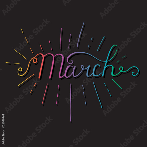 March inscription. Greeting card with calligraphy. 