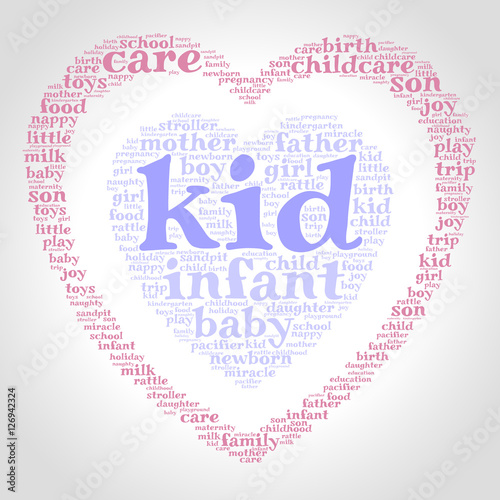 Kid. Word cloud, one heart inside another heart, gradient grey background. Family concept.