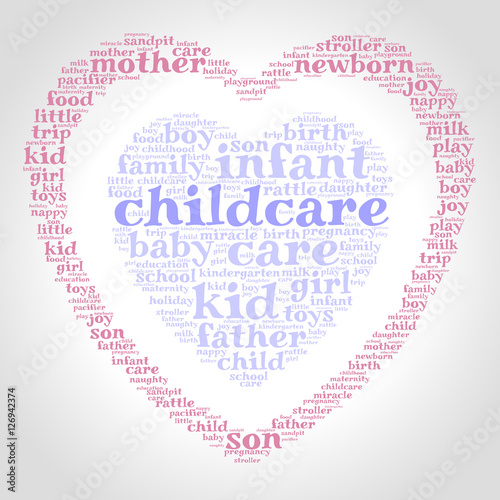 Childcare. Word cloud, one heart inside another heart, gradient grey background. Family concept.