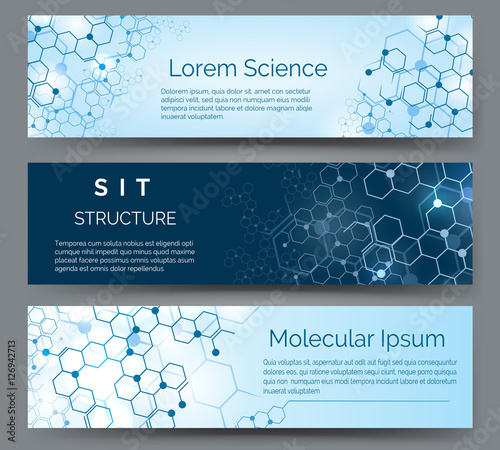 Molecular structure horizontal banners. Science, medical or chemistry atom model abstract vector background