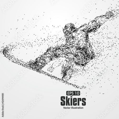 Skiers,particle divergent composition, vector illustration.