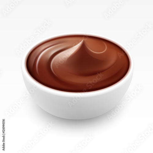 Bowl of Hot Liquid Cream Dark Milk Chocolate Isolated on White Background