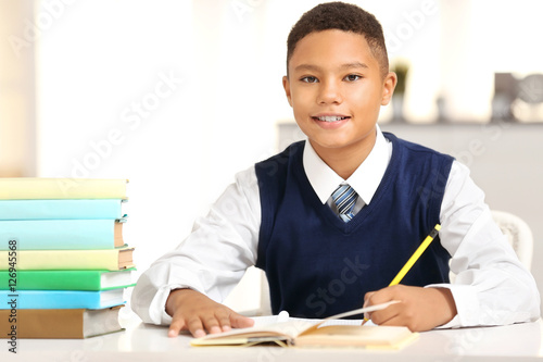 Cute boy at lesson in school