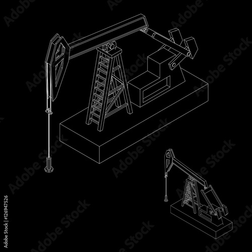 Oil pump jack. Vector outline illustration. Isometric view.