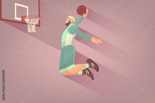 Comic basketball player with ball in flat. Cartoon picture