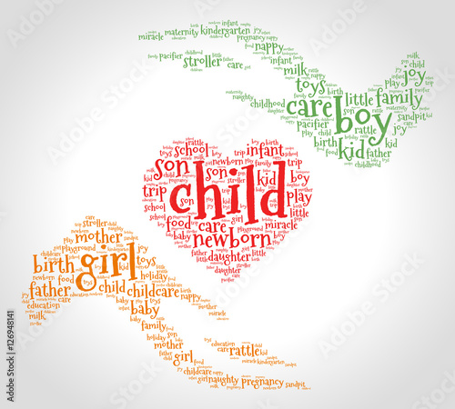 Child. Word cloud, heart between two hands, gradient grey background. Family concept.