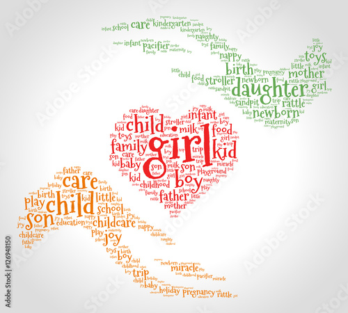 Girl. Word cloud, heart between two hands, gradient grey background. Family concept.