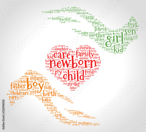 Newborn. Word cloud, heart between two hands, gradient grey background. Family concept.