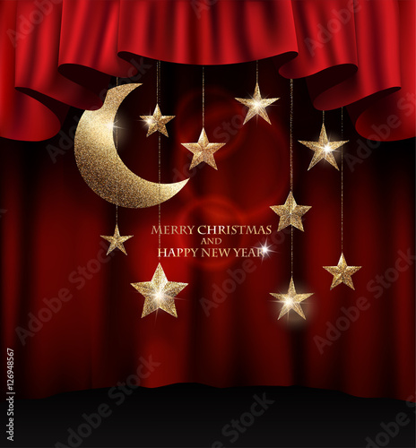christmas background with textured gold sparkling stars and red theater curtains