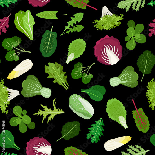 Salad green vegetables lettuce leaves and herbs background. Vector illustration