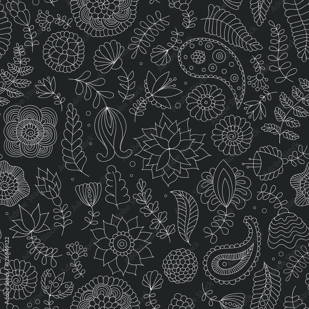 Seamless doodle flowers black and white pattern Seamless doodle flowers black and white pattern
