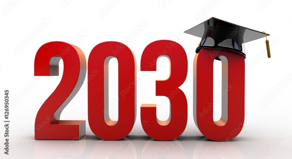 3D illustration of 2030 text with graduation hat 3D illustration of 2030 text with graduation hat