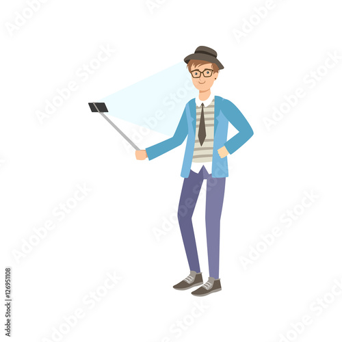 Hipster Dressed Guy Taking Picture With Selfie Stick Illustration