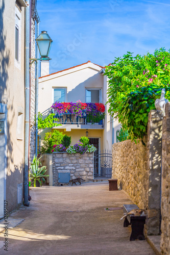Traditional European Mediterranean architectural style in the streets and residential houses at summertime. Flowerpots stand on the stone steps. © Sodel Vladyslav