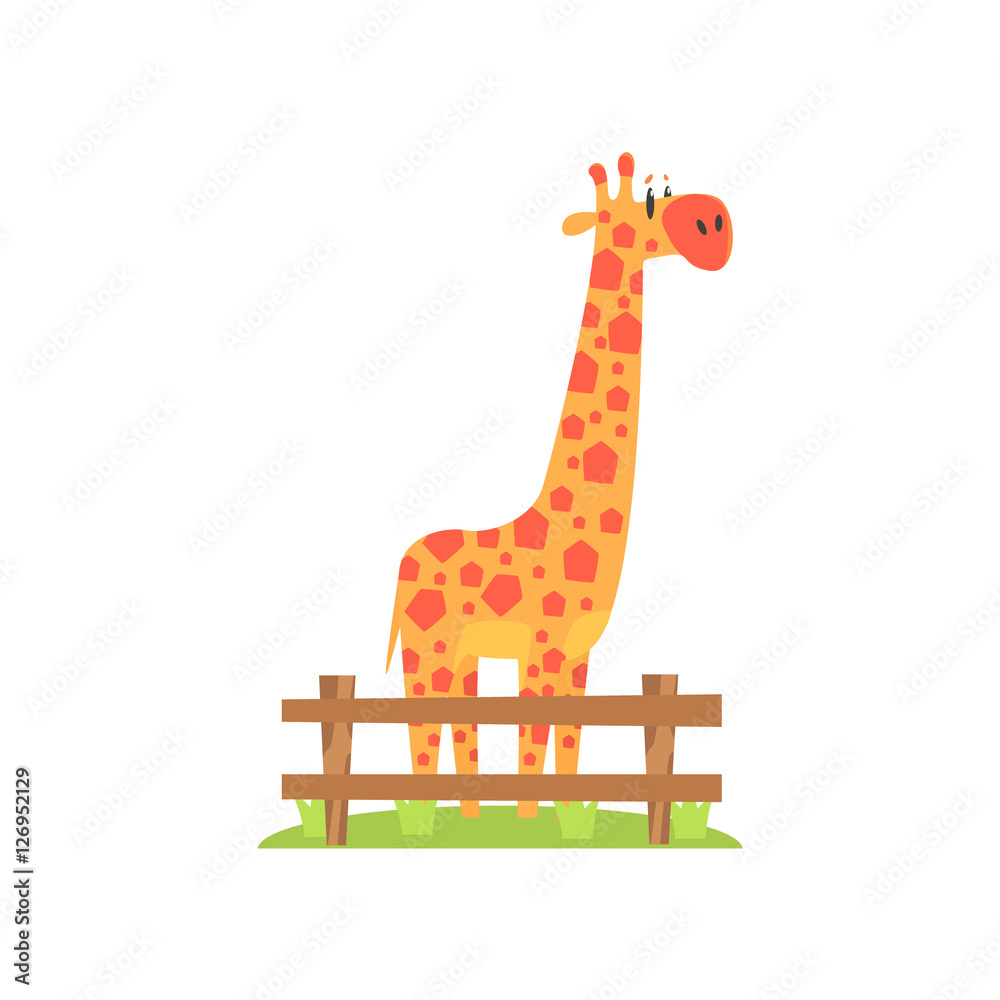 Tall Orange Giraffe With Hexahedron Shaped Spots Standing On Green Grass Patch In Open Air Zoo Enclosure