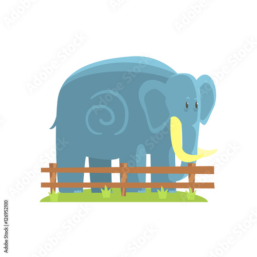 Simplified Blue Elephant Standing On Green Grass Patch In Open Air Zoo Enclosure