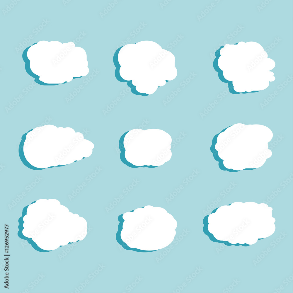 Set of white sky, clouds. Cloud icon, cloud shape. Set of different clouds. Collection of cloud icon, shape, label, symbol. Graphic element. design element for logo, web and print