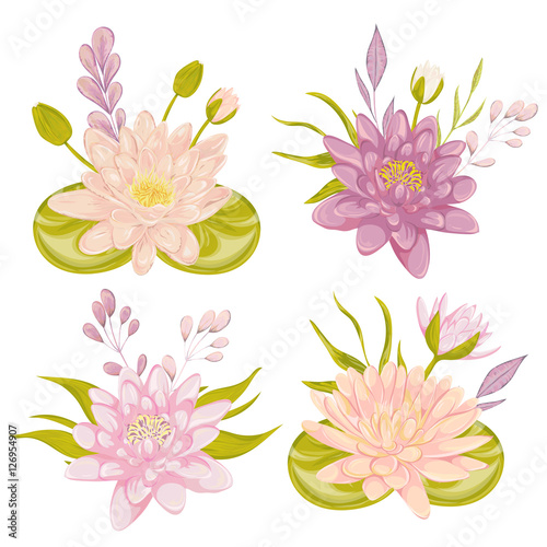 Water lily set. Collection decorative floral design elements for wedding invitations and birthday cards. Flowers, leaves and buds. Vintage hand drawn vector illustration in watercolor style.