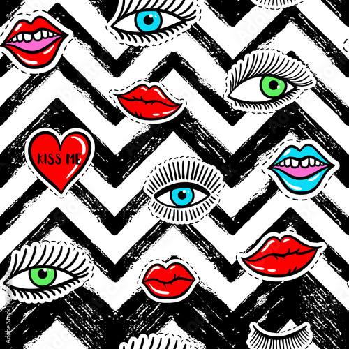 Hand drawn fashion patches eyes, red lip, heart seamless pattern. Vector beauty illustration of open and close eyes for card, clothes, background. Pop art sticker, patche, pin, badge 80s-90s style