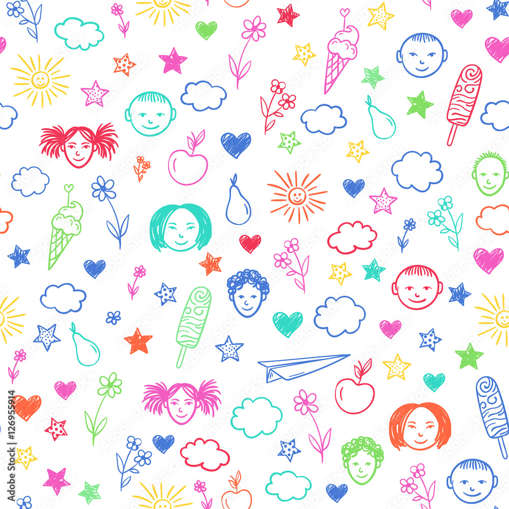 Seamless pattern with happy school children, flowers, sun, stars. Vector colorful background. Doodle drawing.