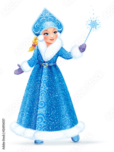 Vector illustration. Beautiful girl wearing long blue coat with white fur. Snow Maiden (Snegurochka), traditional  Russian Christmas character on white background.