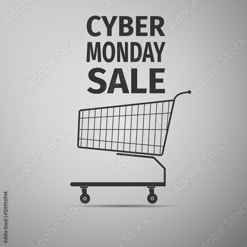 Cyber Monday sale. Shopping cart flat icon on grey background. Vector Illustration
