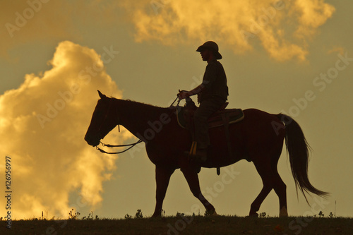 Silhouette of cowboy on horse at sunset