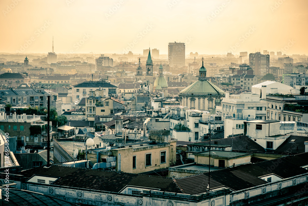 view of Milan city from Duomo roof terrace at dusk view of Milan city from Duomo roof terrace at dusk