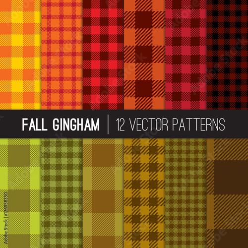 Fall Gingham and Buffalo Check Plaid Vector Patterns. Warm Autumn Colors. Thanksgiving Background. Modern Pixel Checkered Plaid in Different Styles. Pattern Swatches made with Global Colors.