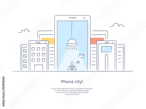 Premium Quality Line Icon And Concept Set: Phone city with a person who writes a message, IT infrastructure, sms and mail chat.