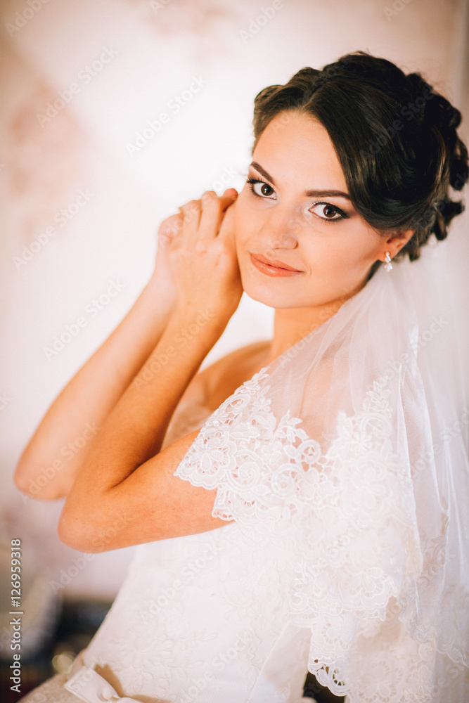 Portrait of the beautiful bride against a window indoors Portrait of the beautiful bride against a window indoors