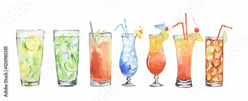 watercolor cocktails set. Isolated glasses with alcohol drinks on white background.