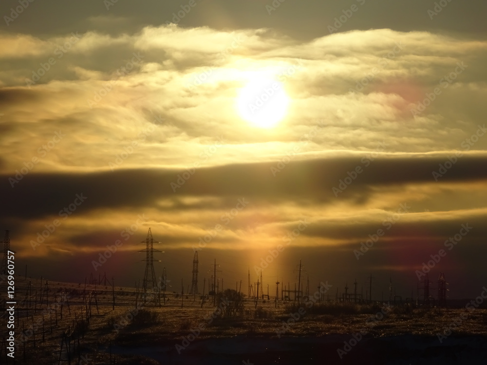 Power transmission line sunset