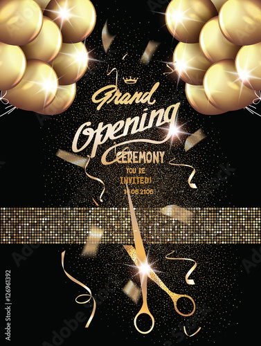 Grand Opening background with gold textured ribbon ,flying confetti. Holiday background