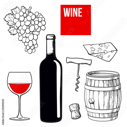 Wine set of bottle, glass, barrel, grapes, cheese, cork and corkscrew, sketch vector illustration isolated on white background. Hand drawn wine barrel, glass, grapes and bottle, corkscrew and cheese