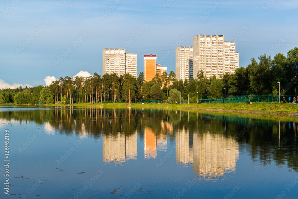 Sunset on the School Lake in Zelenograd district of Moscow, Russia