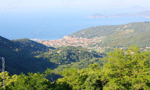 View of Marciana Marina village from Mount Capanne Elba Island Italy