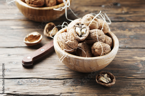 Healthy walnuts on the wooden table
