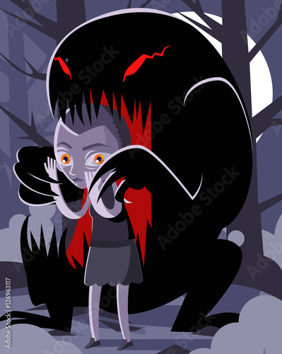 stranger teen girl in the woods and monster black creature