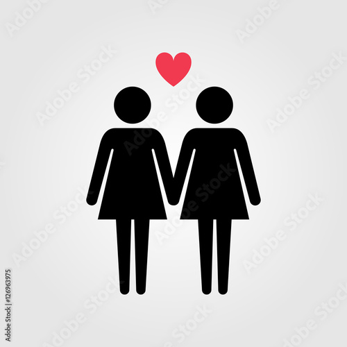 Lesbian couple with red heart vector icon, lessbian marriage