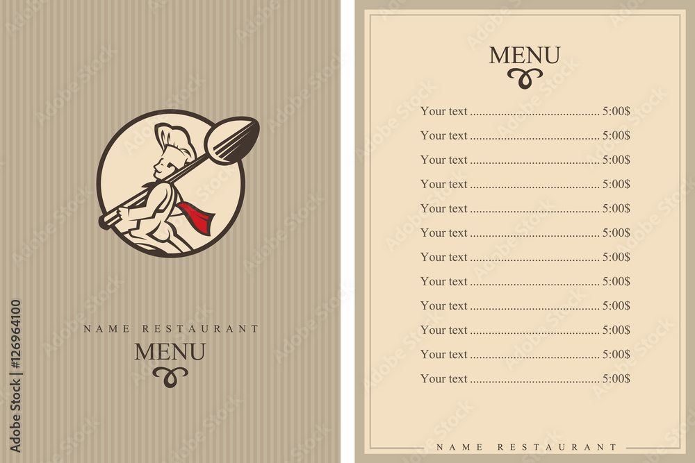 restaurant menu design with whiskered cook and spoon
