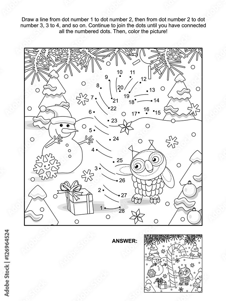 New Year or Christmas themed connect the dots picture puzzle and coloring page with candy cane. Answer included.
